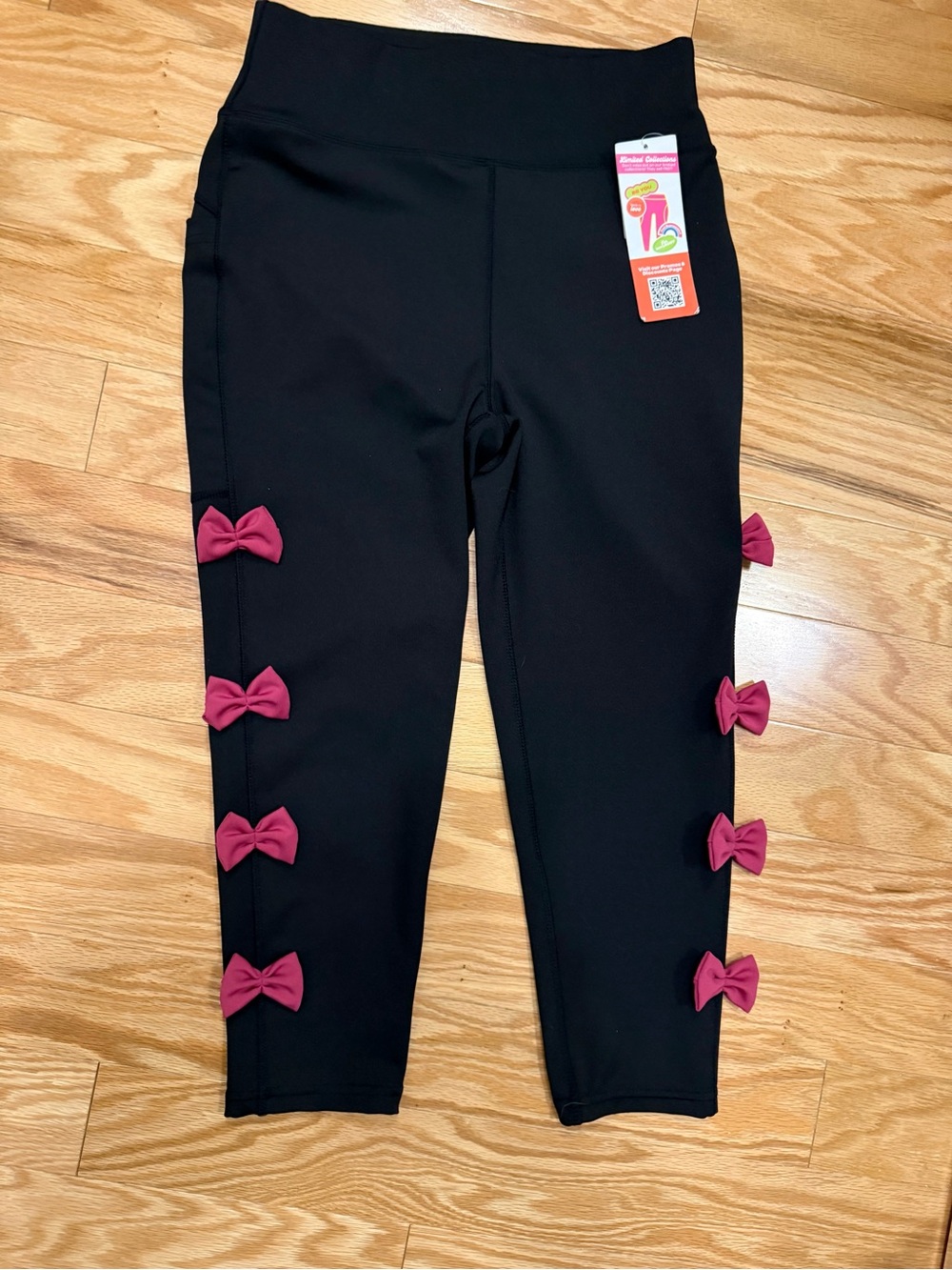 Girls' Black Leggings with Pink Bow Trim